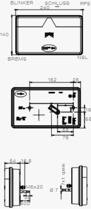 Aspock Achterlicht - Aspock MultiLED 2 - rechts - 240x140x54 mm - volledig LED - 8-polige connector - 50 cm kabel