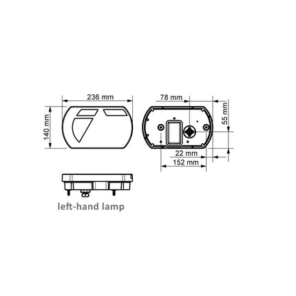 Aspock Achterlicht - Lucidity LED - links - 236x140x52 mm - Aspöck 8-polige connector - met ingebouwde weerstand