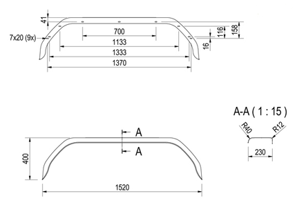 De Haan Origineel Anssems tandem spatbord metaal - 1520x230x400 mm - omtrek 1980 mm - bakwagen BSX 2500