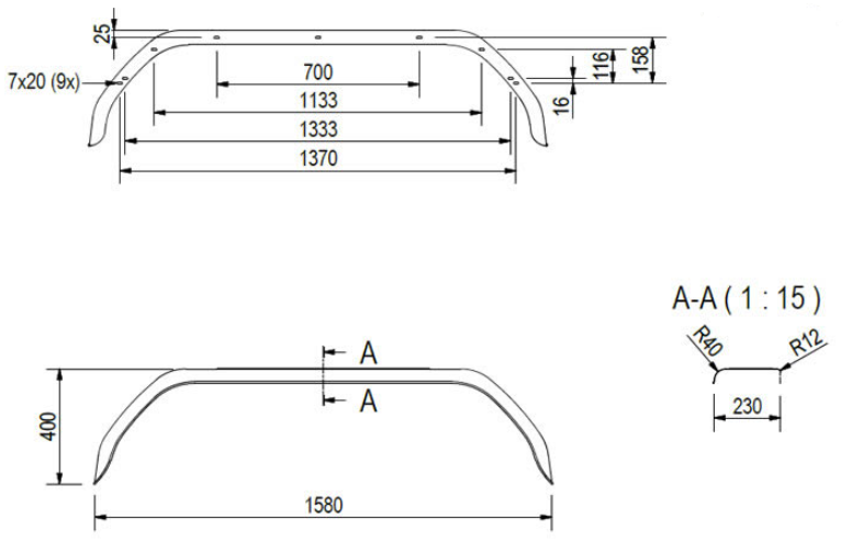 De Haan Origineel Anssems tandem spatbord metaal - 1580x230x400 mm - bakwagen